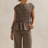 Womens Ruched Cap Sleeve Peplum Top
