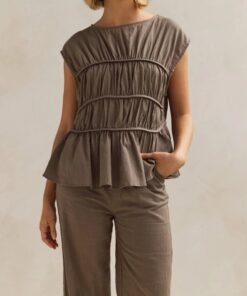 Womens Ruched Cap Sleeve Peplum Top