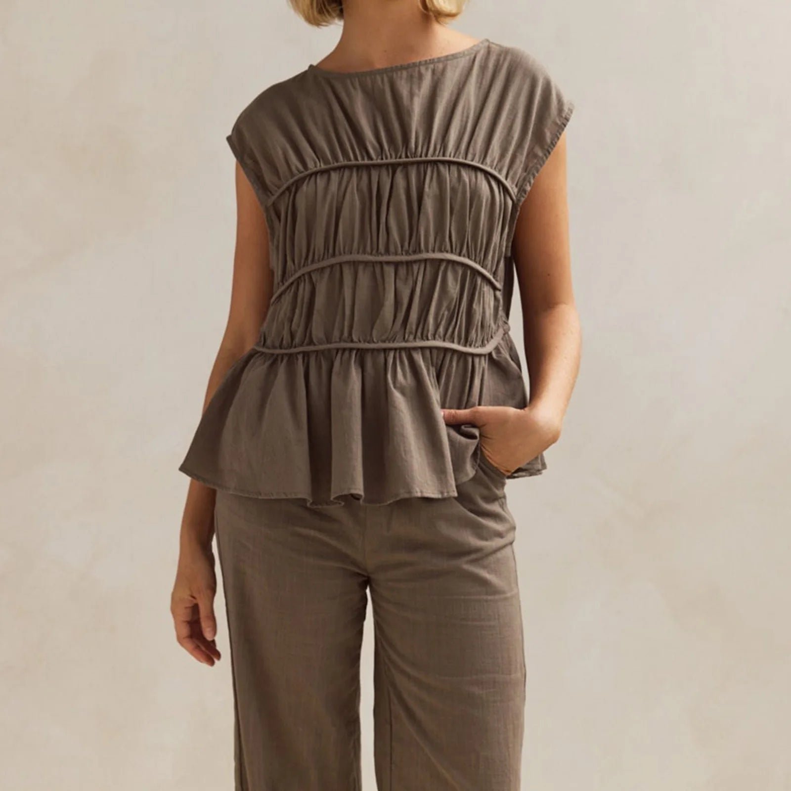 Womens Ruched Cap Sleeve Peplum Top