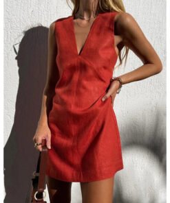 Womens Linen V-Neck Sleeveless Mini Dress