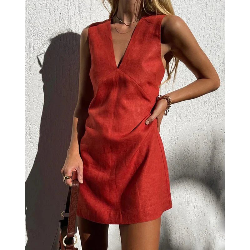 Womens Linen V-Neck Sleeveless Mini Dress